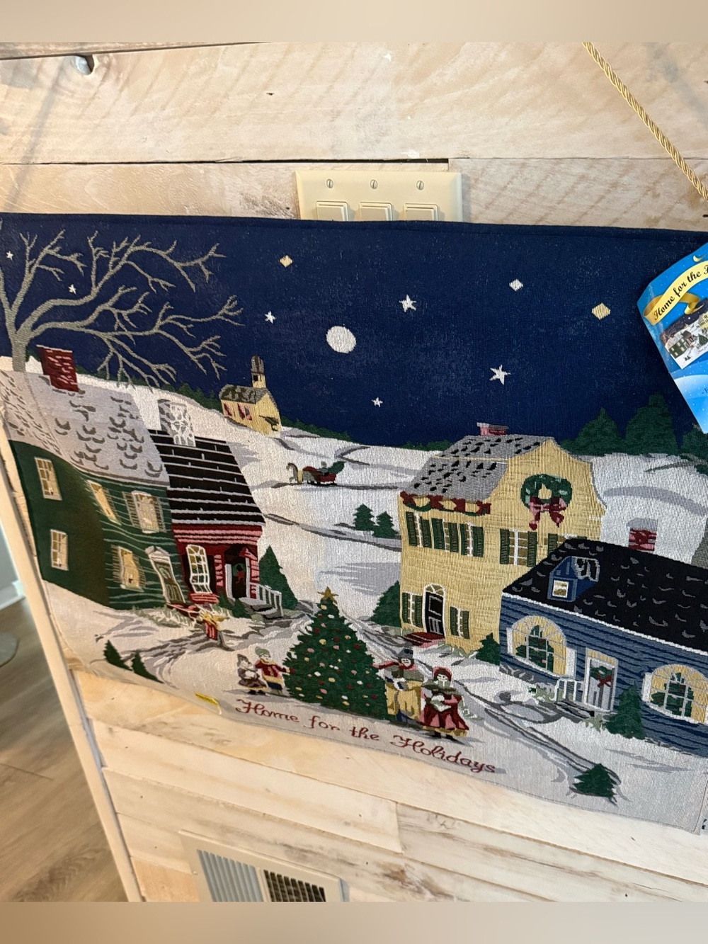 Winter Tapestry Hanging Picture Seasons Greetings with lights